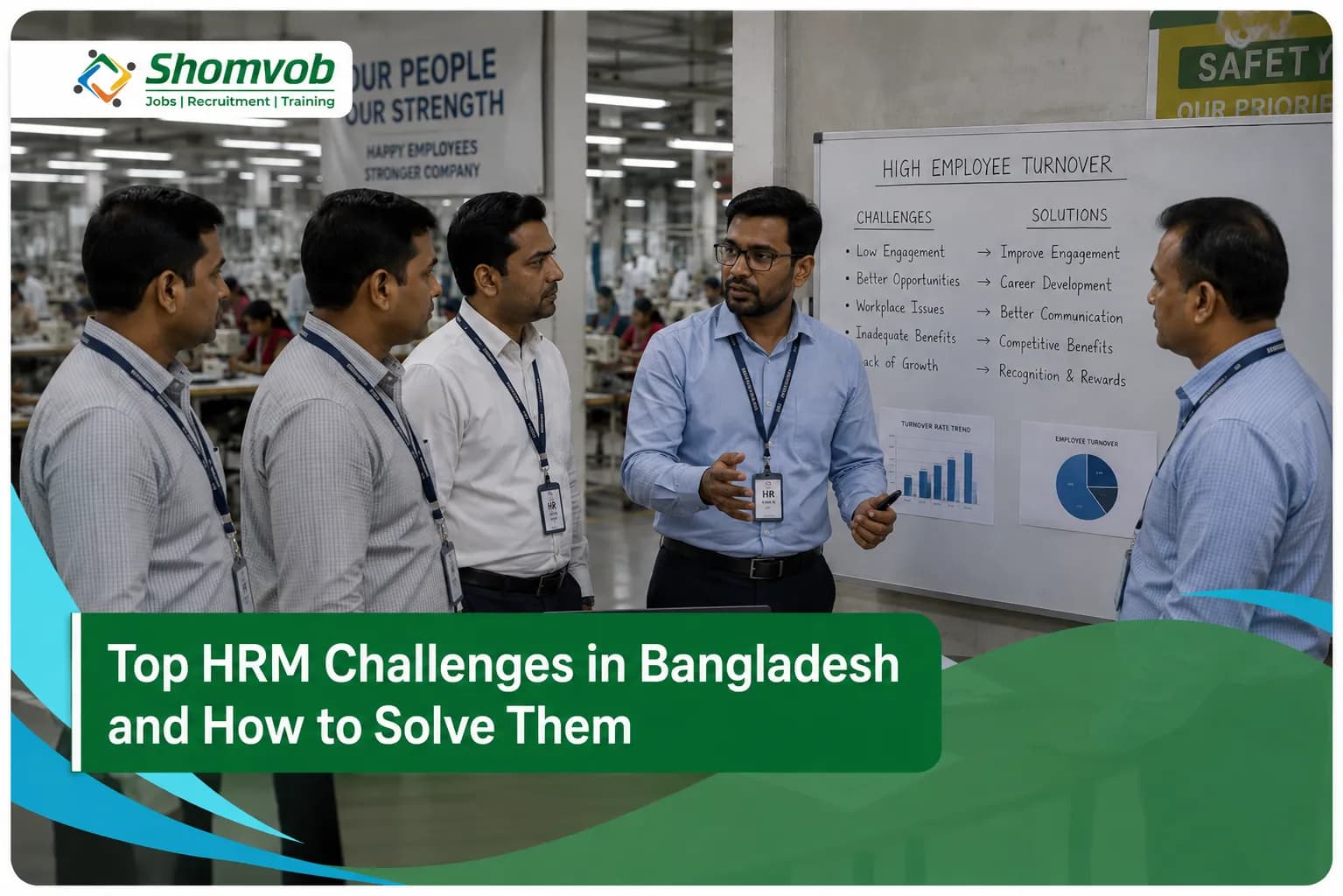 HR managers discussing employee turnover, compliance, and workforce management solutions to address the top challenges of HRM in Bangladesh.