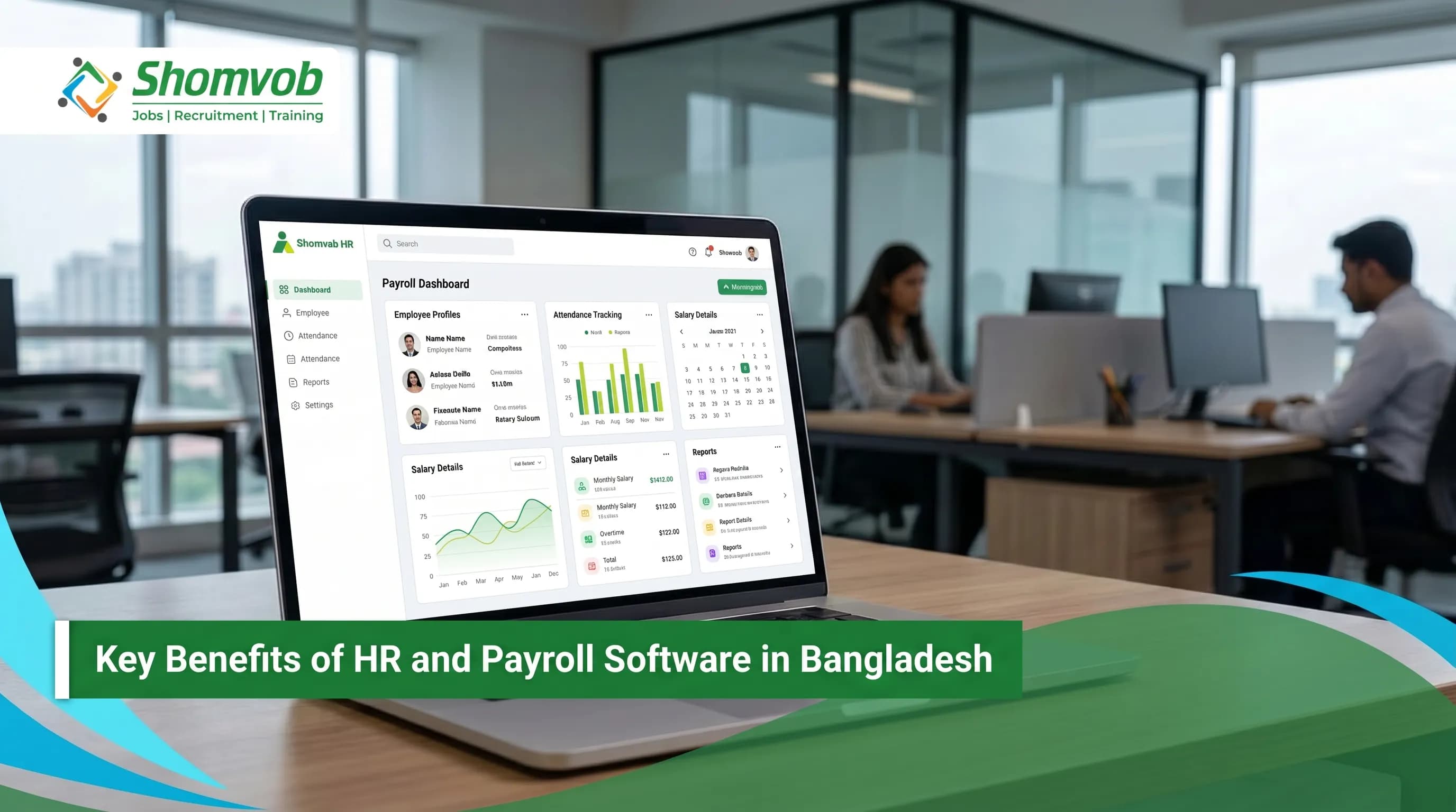 Shomvob HR payroll software dashboard on laptop showing employee data, attendance tracking and salary management in an office setting