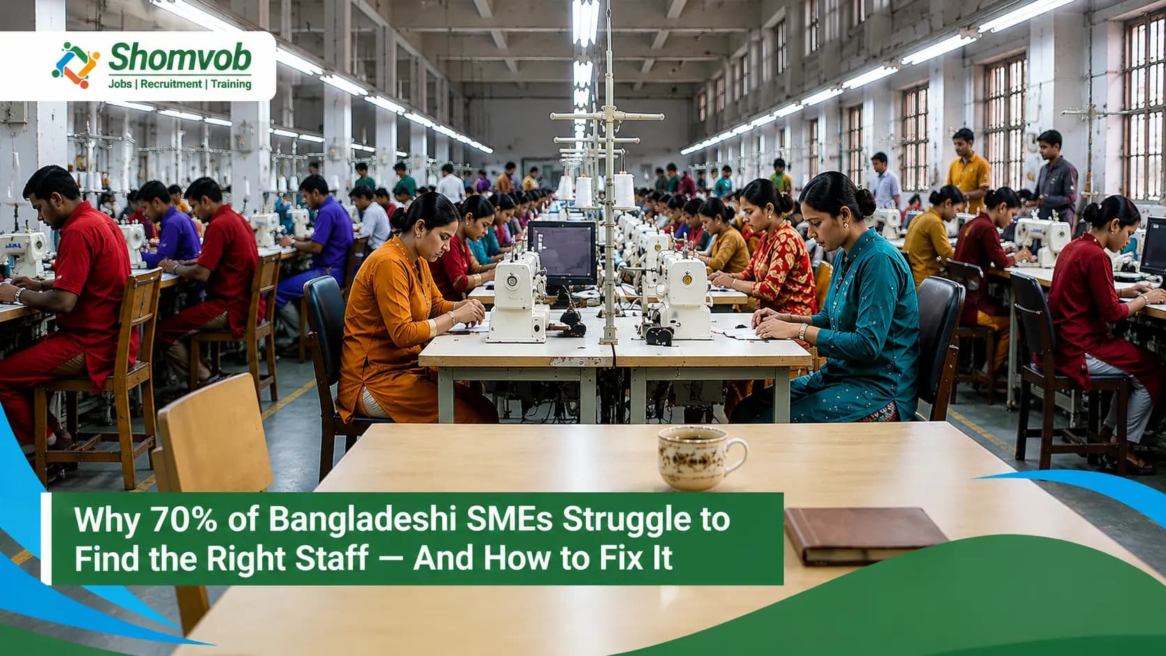 Bangladeshi SME garment factory workers operating sewing machines, highlighting staffing and recruitment challenges faced by small and medium businesses in Bangladesh.