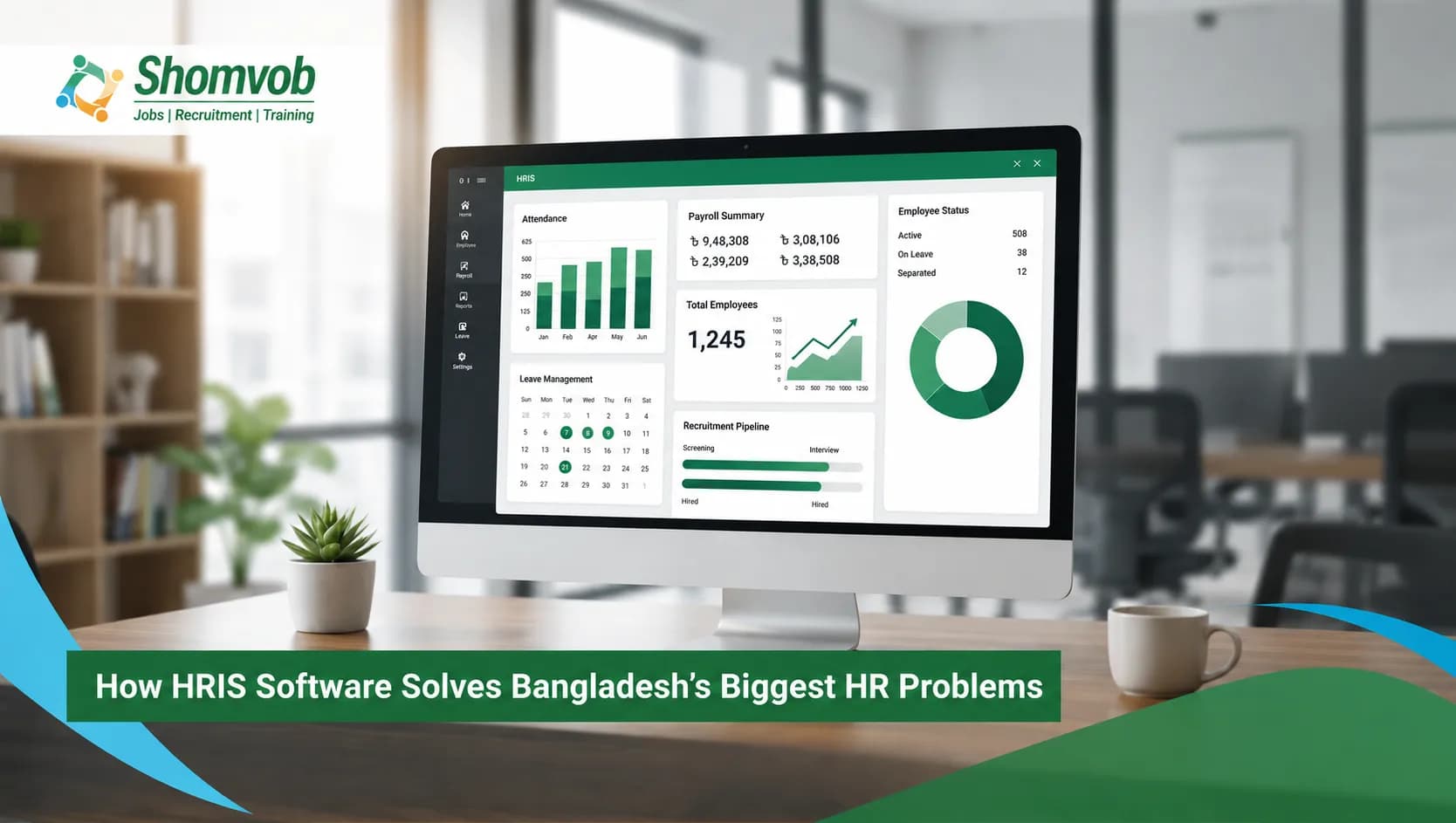 HRIS software dashboard displaying attendance, payroll, employee status, and recruitment analytics to solve major HR management challenges in Bangladesh.