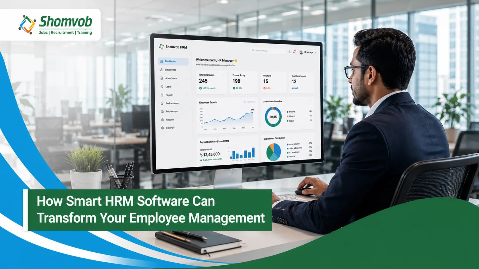 HR manager using smart HRM software dashboard to monitor payroll, attendance, employee performance, and workforce analytics.